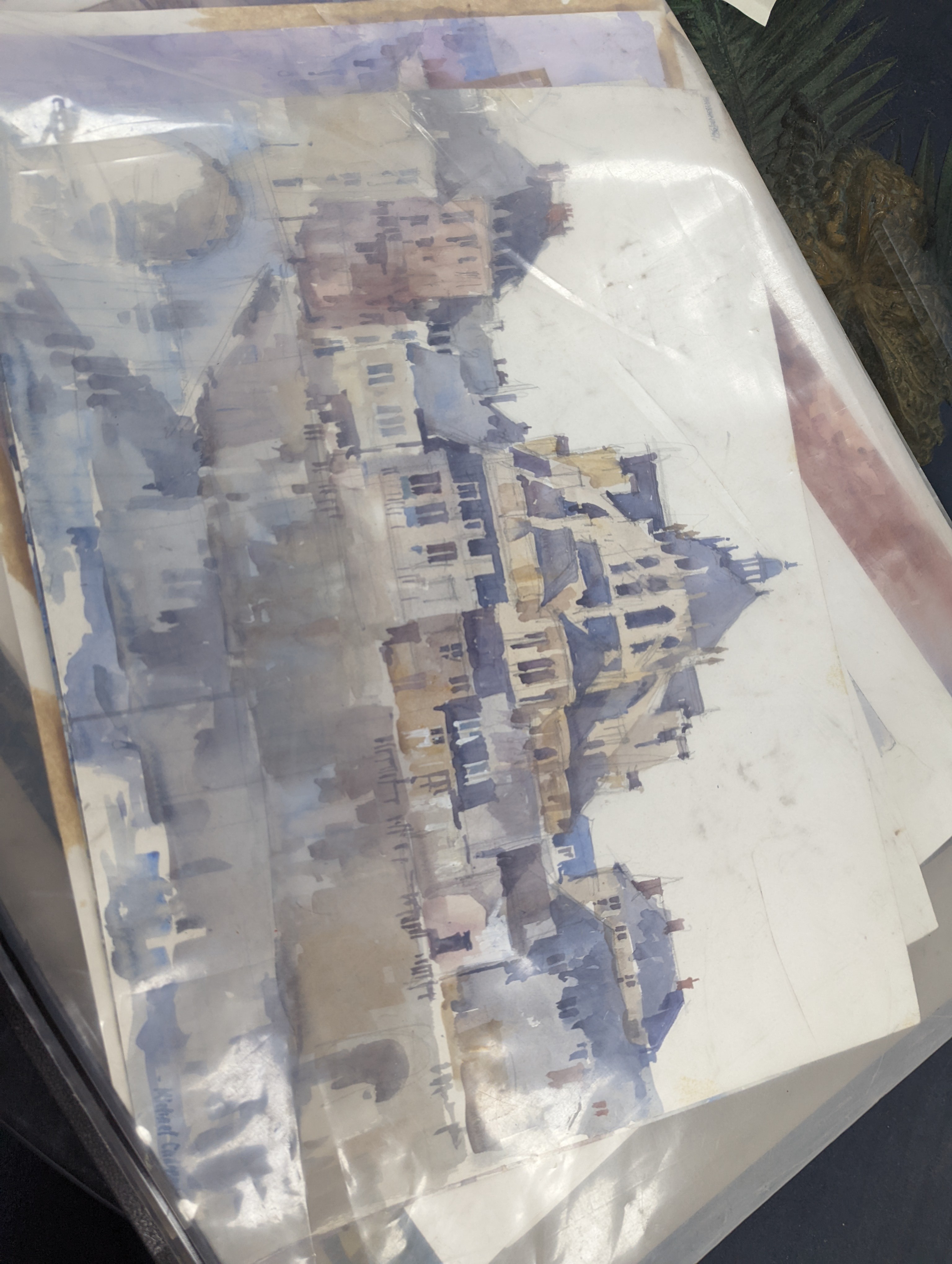 Michael Cadman (1920-2010), a folio of assorted watercolours and prints, Topographical scenes, largest 40 x 56cm, unframed